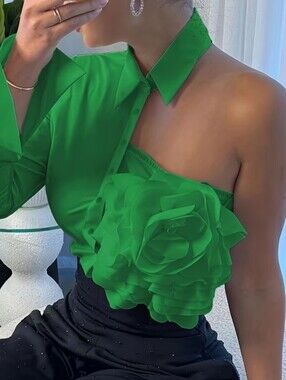 Green One-Shoulder Floral Detail Top